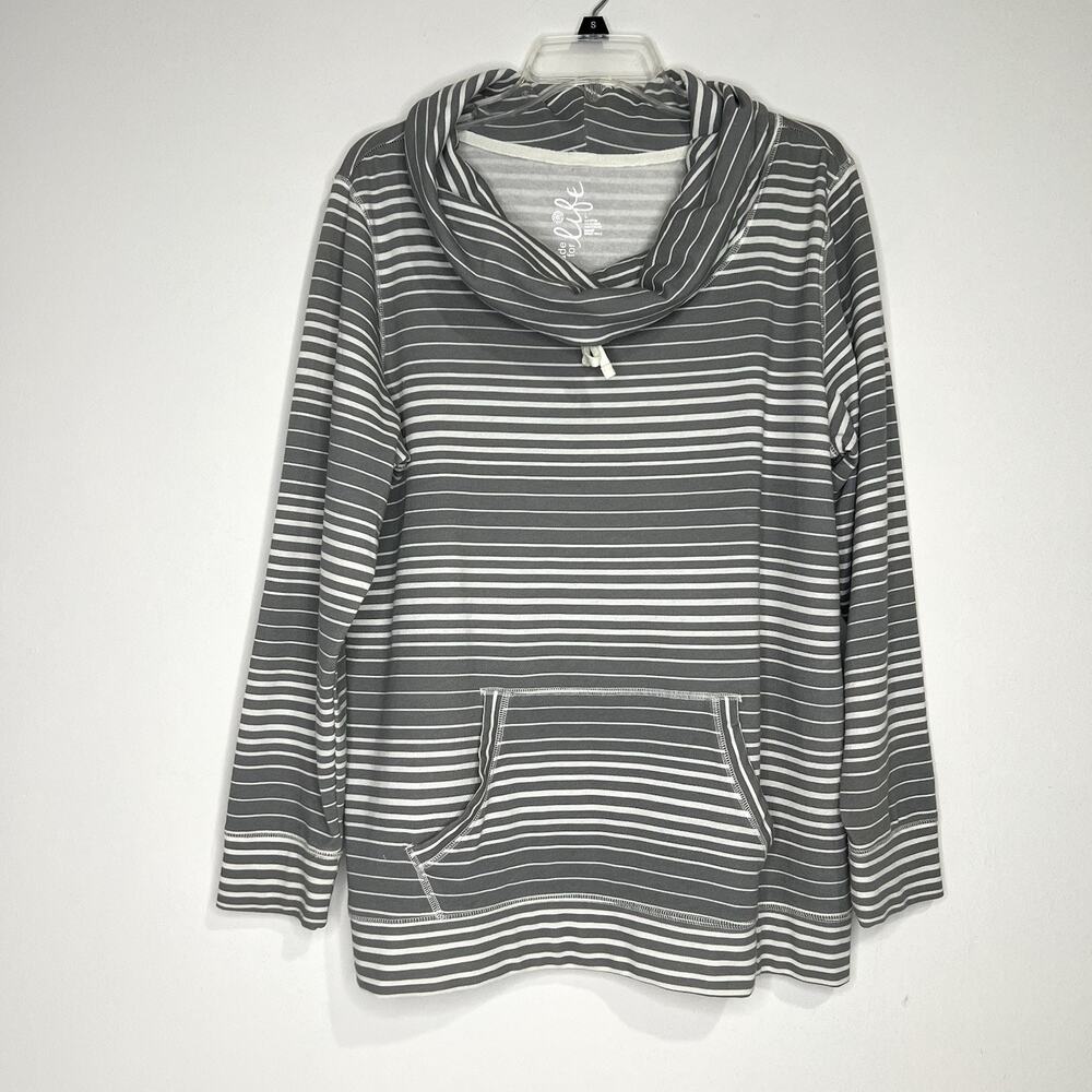 Made For Life Long Sleeve Drawstring Cowl Neck Top Womens Gray White Stripe Sz L